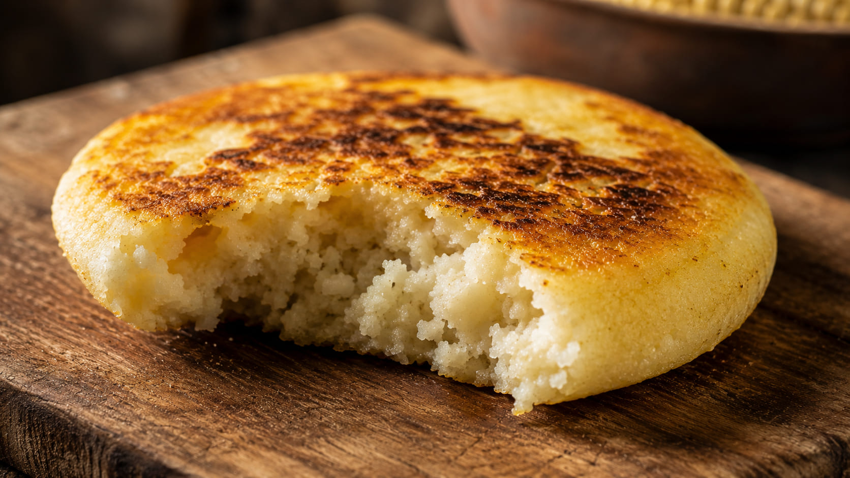 Arepa venezolana recién hecha sobre tabla de madera