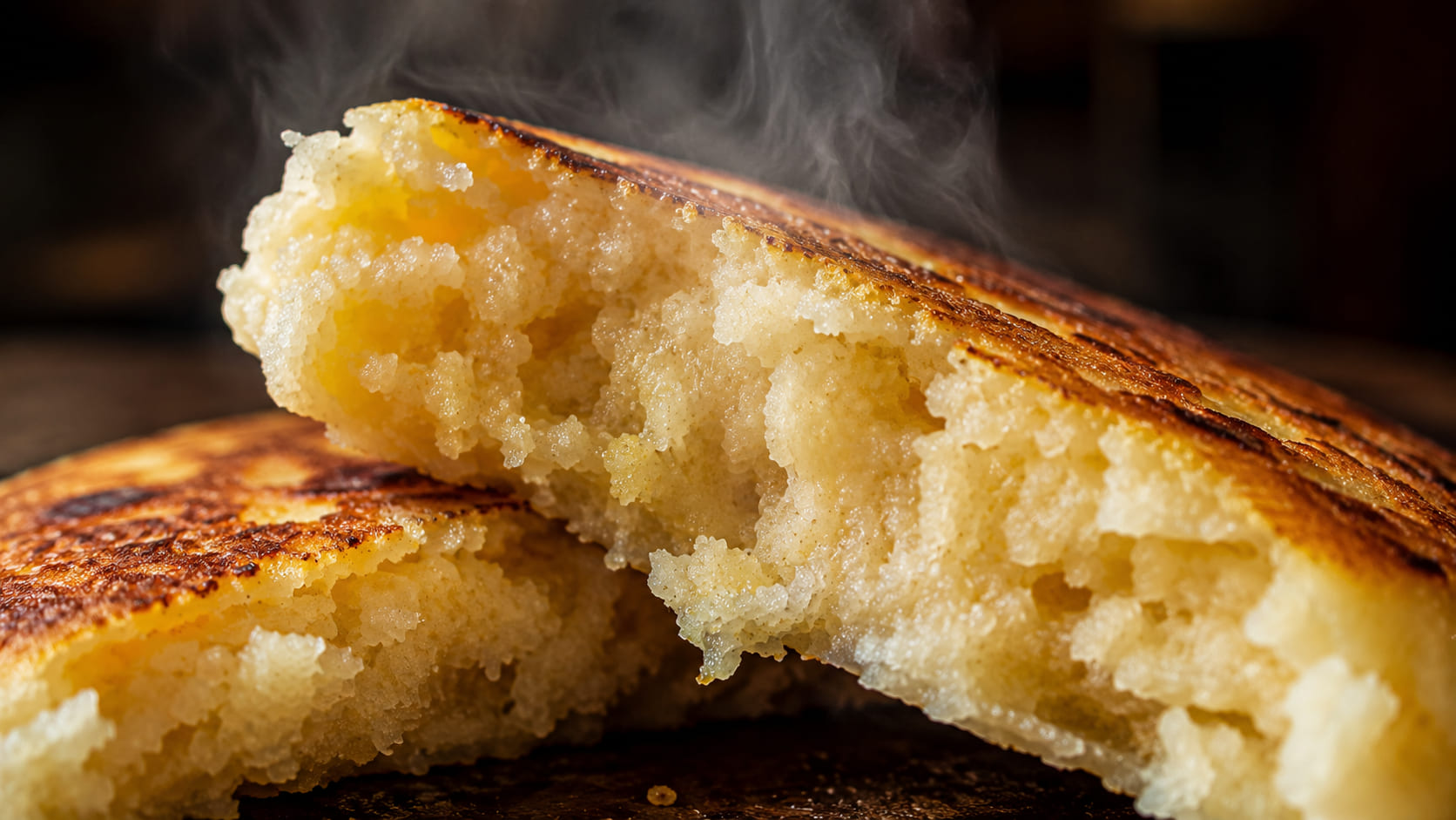 Interior de una arepa venezolana recién abierta