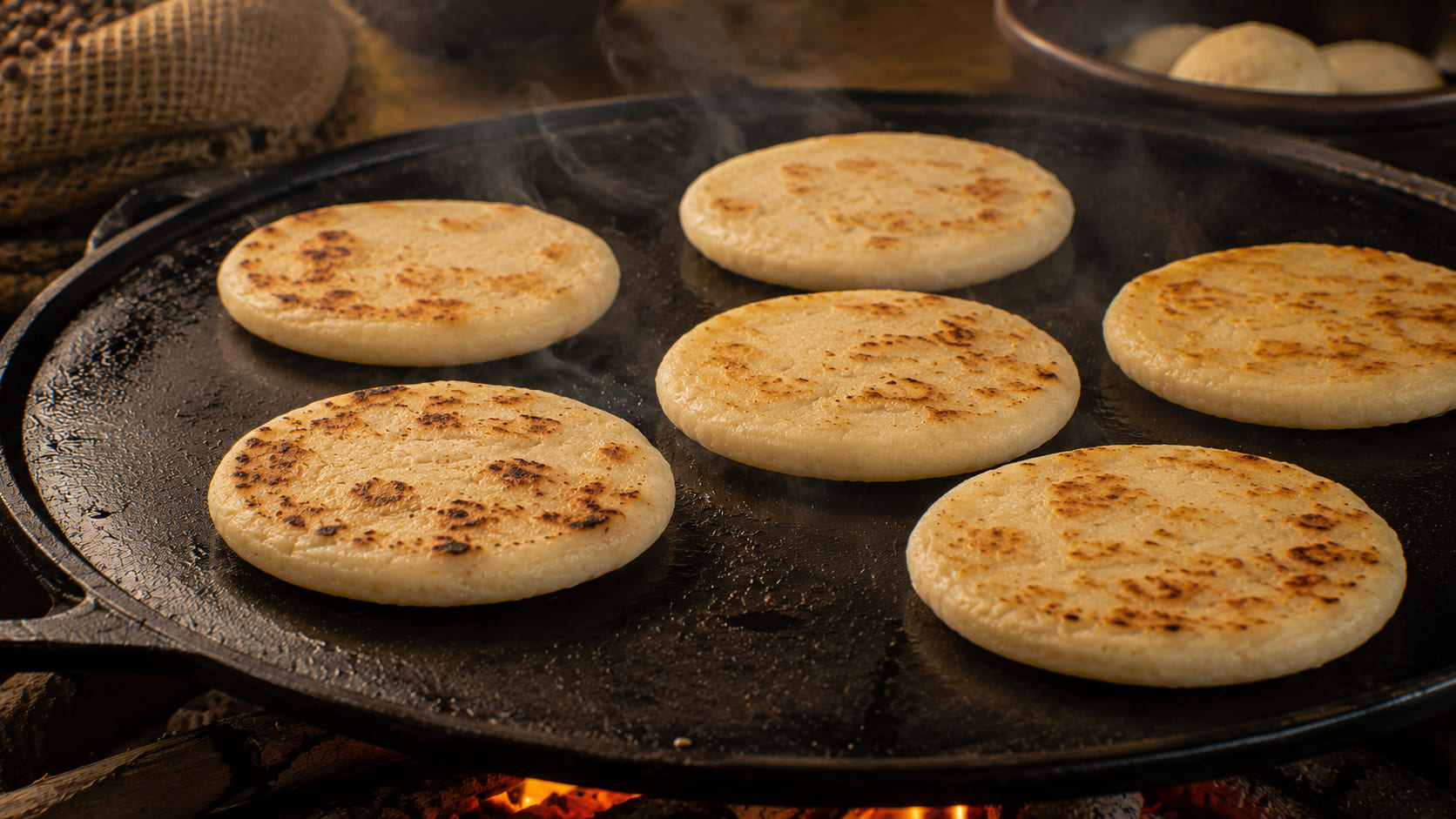 Arepa venezolana cocinándose sobre budare