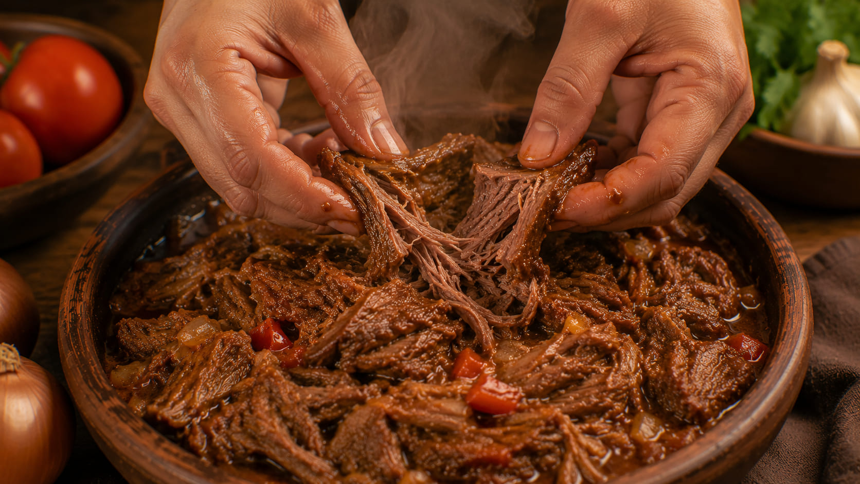Carne mechada venezolana desmechándose caliente