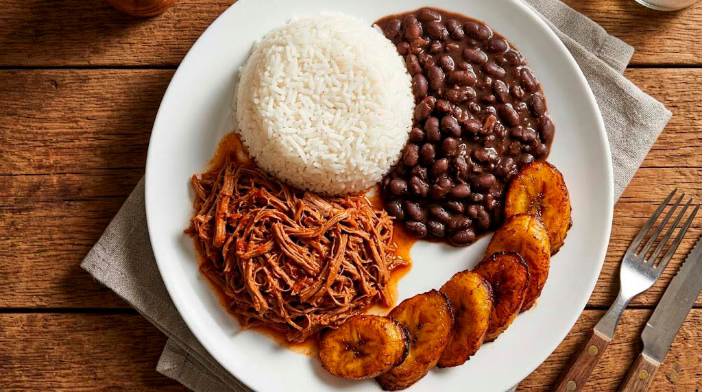 Pabellón criollo venezolano completo con arroz caraotas carne mechada y plátano maduro