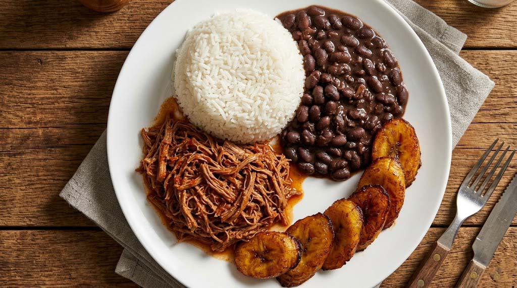 Pabellón criollo venezolano servido en plato blanco