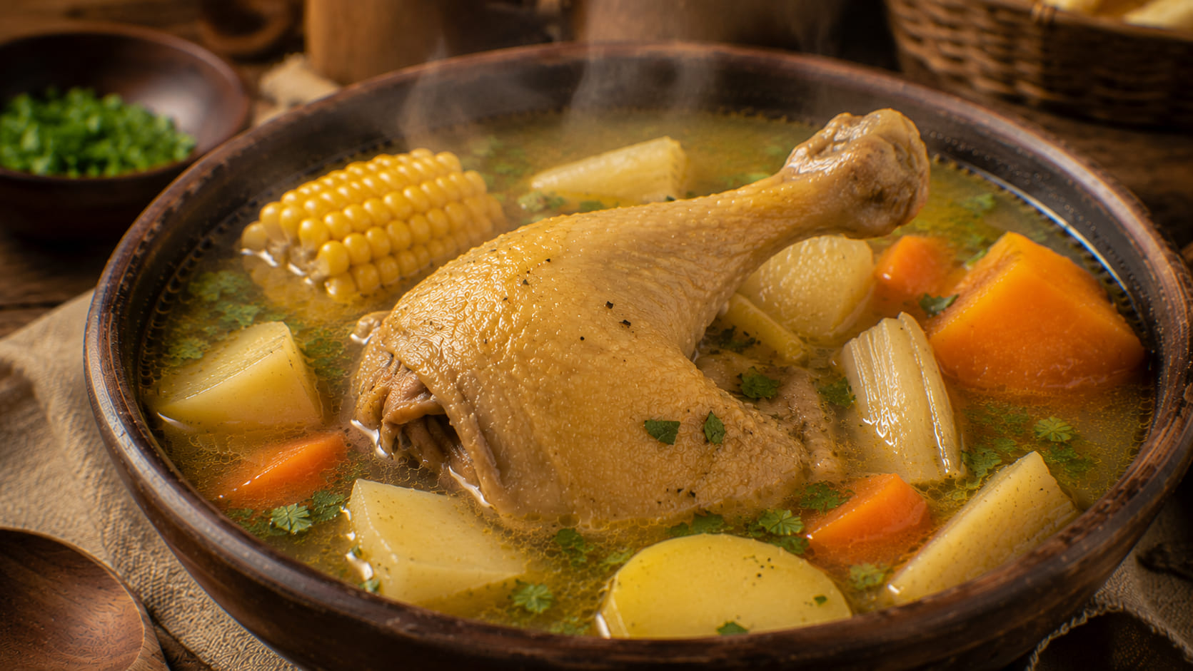Plato de sancocho de gallina venezolano servido caliente